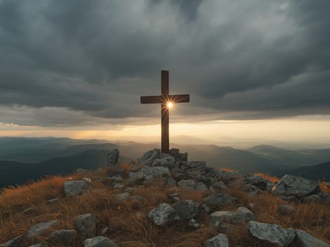 Uma cruz de madeira vazia no alto de um morro de pedras e capim seco; atrás dela, nuvens de tempestade e a luz do fim da tarde.