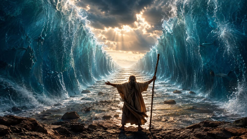Moisés, de costas, com o cajado e os braços abertos diante do mar aberto em duas paredes de água; no fim do caminho, a luz rompe as nuvens.