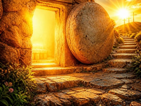 A entrada de um túmulo de pedra, aberta e com luz por dentro, e a pedra redonda rolada para o lado; ao fundo, o sol nasce atrás de três cruzes num monte.
